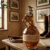 Unique horse-shaped bourbon whiskey decanter on a rustic desk from Tvpcomebackshop