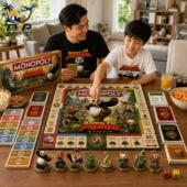 Kung Fu Panda Collector's Edition Monopoly Board Game 2 Father and son playing Kung Fu Panda Monopoly board game