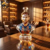 Lionel Messi Football Legend Crystal Decanter Bottle 4 Crystal bust decanter of Lionel Messi in a wood-paneled lounge