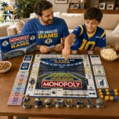 Los Angeles Rams Collector Edition Monopoly Board Game 2 Father and son playing Los Angeles Rams Collector Edition Monopoly game