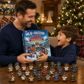 MLB x Raccoon Advent Calendar 2026 2 Father and son holding the 2026 MLB Raccoon advent calendar with miniature baseball figurines