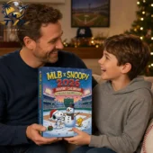 MLB x Snoopy Advent Calendar 2026 2 Father and son holding an MLB x Snoopy 2026 advent calendar