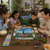 Family playing Minecraft Monopoly Collector's Edition board game