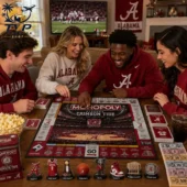A group of friends playing the Alabama Crimson Tide Monopoly collector edition game.