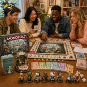 A group of friends playing the Alice in Wonderland Collector's Edition Monopoly board game.