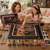 Monopoly Anime x Dolly Parton Collector's Edition Board Game 3 Mother and daughter playing Dolly Parton Collector Edition Monopoly board game at home.