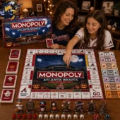 Monopoly Atlanta Braves Collector Edition Board Game 3 A woman and a young girl playing the Atlanta Braves Monopoly collector edition board game.