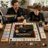 Monopoly Barry Manilow Collector's Edition Board Game 1 Father and son playing the Barry Manilow Monopoly collector edition board game.
