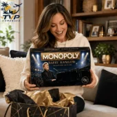 Monopoly Barry Manilow Collector's Edition Board Game 2 Woman smiling while holding a Barry Manilow collector edition Monopoly board game box from Tvpcomebackshop.