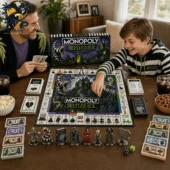 Monopoly Beetlejuice Collector's Edition Board Game 1 Father and son playing Beetlejuice Collector Edition Monopoly by Tvpcomebackshop