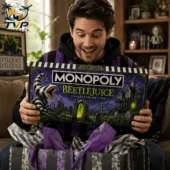 Monopoly Beetlejuice Collector's Edition Board Game 2 Man holding Beetlejuice Collector Edition Monopoly board game from Tvpcomebackshop