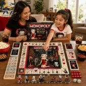 Monopoly Betty Boop Collector's Edition Board Game 2 A mother and daughter playing a Betty Boop themed Monopoly board game.