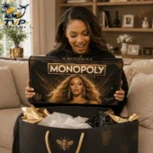 Woman excitedly opening a Beyoncé Collector Edition Monopoly board game from Tvpcomebackshop