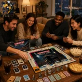 A group of friends playing the Billy Joel Collector Edition Monopoly board game at home.