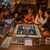 Family playing Bluey Halloween Edition Monopoly board game at home.