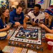 A group of friends playing the Buffalo Bills edition of the Monopoly board game.