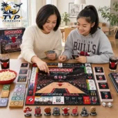 Two people playing the Monopoly Chicago Bulls collector's edition board game.