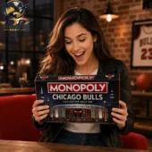 A woman enthusiastically holding the Chicago Bulls Collector Edition Monopoly game board