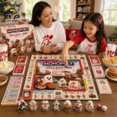 Monopoly Chick-fil-A x BOO Collector Edition Board Game 3 A woman and a young girl playing the Chick-fil-A Boo Monopoly collector edition game at a wooden table.