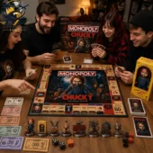 Group of friends playing Chucky Collector Edition Monopoly board game