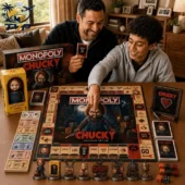 Father and son playing the Chucky collector edition Monopoly board game from Tvpcomebackshop