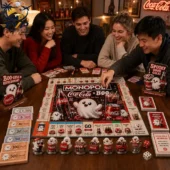 A group of friends playing the Coca-Cola themed Monopoly game at Tvpcomebackshop.