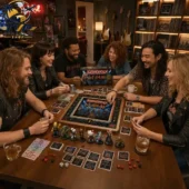 A group of friends playing the Def Leppard Monopoly board game at a table.