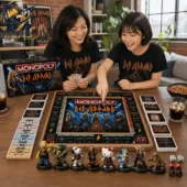 Two people playing the Def Leppard Collector Edition Monopoly game from Tvpcomebackshop.
