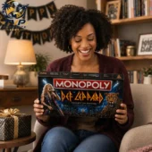 Woman smiling while holding Def Leppard Monopoly collector's game from Tvpcomebackshop.