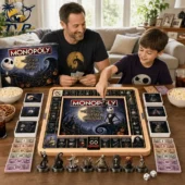 Monopoly Disney Tim Burton's The Nightmare Before Christmas Collector's Edition Board Game 1 Father and son playing The Nightmare Before Christmas Monopoly board game