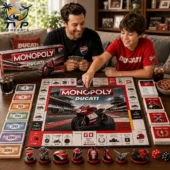 Monopoly Ducati Collector's Edition Board Game 1 Father and son playing Ducati Monopoly board game at home