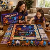 A woman and a young girl playing the Monopoly Elemental Collector Edition board game at a home table.