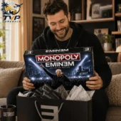 Monopoly Eminem Collector's Edition Board Game 2026 2 Man smiling while holding an Eminem Collector Edition Monopoly board game box