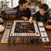 Monopoly Five Nights at Freddy's Collector Edition Board Game 1 Father and son playing Five Nights at Freddy's Collector Edition Monopoly at home.