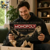 Monopoly Fourth Wing Collector's Edition Board Game 2026 1 Man smiling while holding Monopoly Fourth Wing Collector Edition game box.