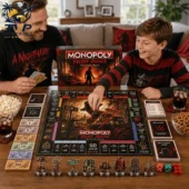 Monopoly Freddy Krueger Collector Edition Board Game 1 A father and son playing the Nightmare on Elm Street Monopoly board game.