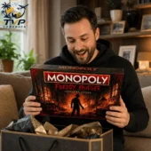 Monopoly Freddy Krueger Collector Edition Board Game 2 A man excitedly holding a Monopoly Freddy Krueger Collector Edition board game.