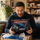 Monopoly Godzilla Collector's Edition Board Game 1 Man holding a Godzilla Collector Edition Monopoly board game box
