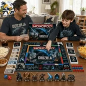 Monopoly Godzilla Collector's Edition Board Game 2 Father and son playing Godzilla Monopoly Collector Edition board game