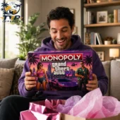 Man holding a Grand Theft Auto VI collector edition Monopoly board game from Tvpcomebackshop
