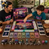 Father and son playing the Grand Theft Auto VI edition of Monopoly board game