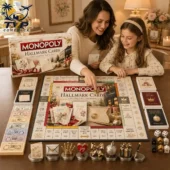 A woman and a girl playing the Hallmark Cards Collector Edition of Monopoly.