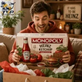 Monopoly Heinz Ketchup Collector Edition Board Game 2 Man excitedly unboxing a Monopoly Heinz Ketchup collector edition board game.