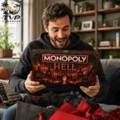 Man excitedly holding the Monopoly Hell Collector Edition board game from Tvpcomebackshop