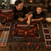 Father and son playing Monopoly Hell Collector Edition at Tvpcomebackshop