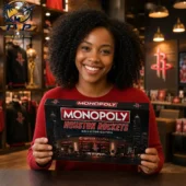 Monopoly Houston Rockets Collector Edition Board Game 2026 2 Woman holding Houston Rockets Monopoly collector edition game box