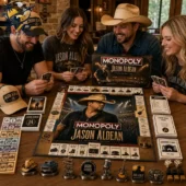 A group of friends playing the Jason Aldean Collector's Edition Monopoly board game.