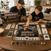 Father and son playing the Jason Aldean Monopoly Collector Edition board game at home