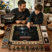 Father and son playing the Friday the 13th Jason Voorhees Monopoly collector edition board game.