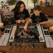 Monopoly Jelly Roll Collector's Edition Board Game 2 Jelly Roll Monopoly Collector Edition game set on a table with a woman and boy playing.
